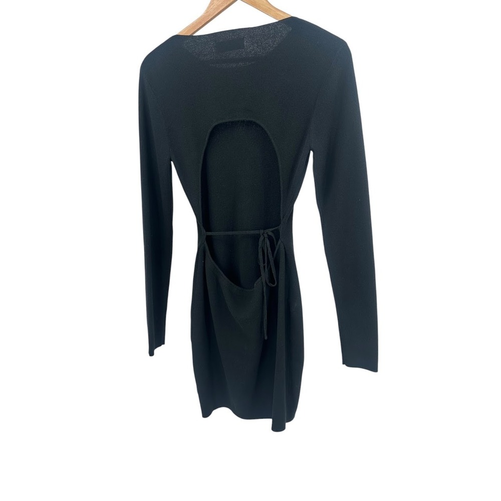 White Fox Black Open Back Mini Dress Long Sleeve Tie Back Bodycon Size L Date - Picture 3 of 5